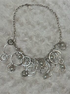 Karine Sultan Silver Tone Hammered Circle Necklace with Pearl Accents
